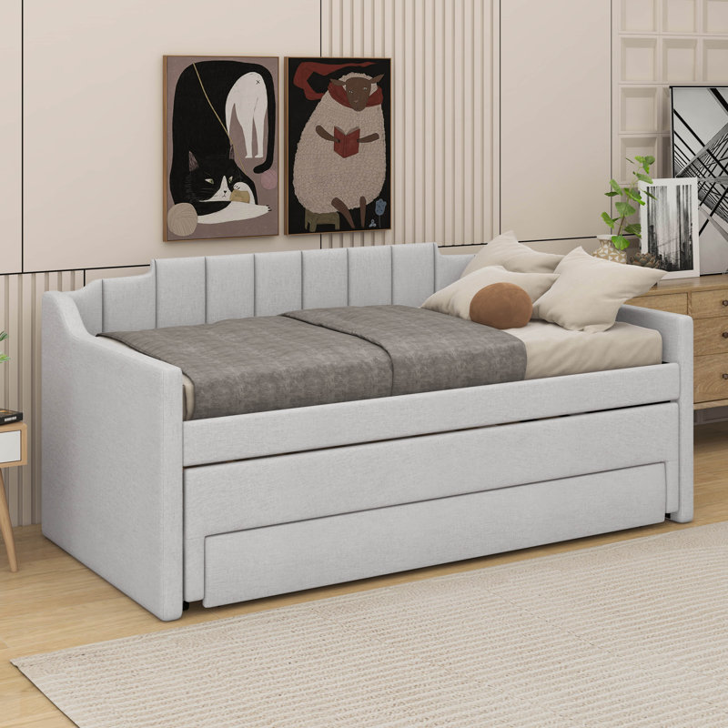 Lit de jour simple tapissier avec lit gigogne et trois tiroirs, Beige