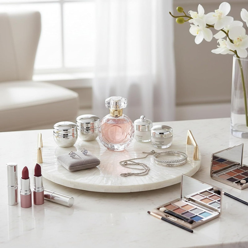 Plateau décoratif en nacre avec poignées dorées, plateau de service rond pour coiffeuse, parfum et bibelots