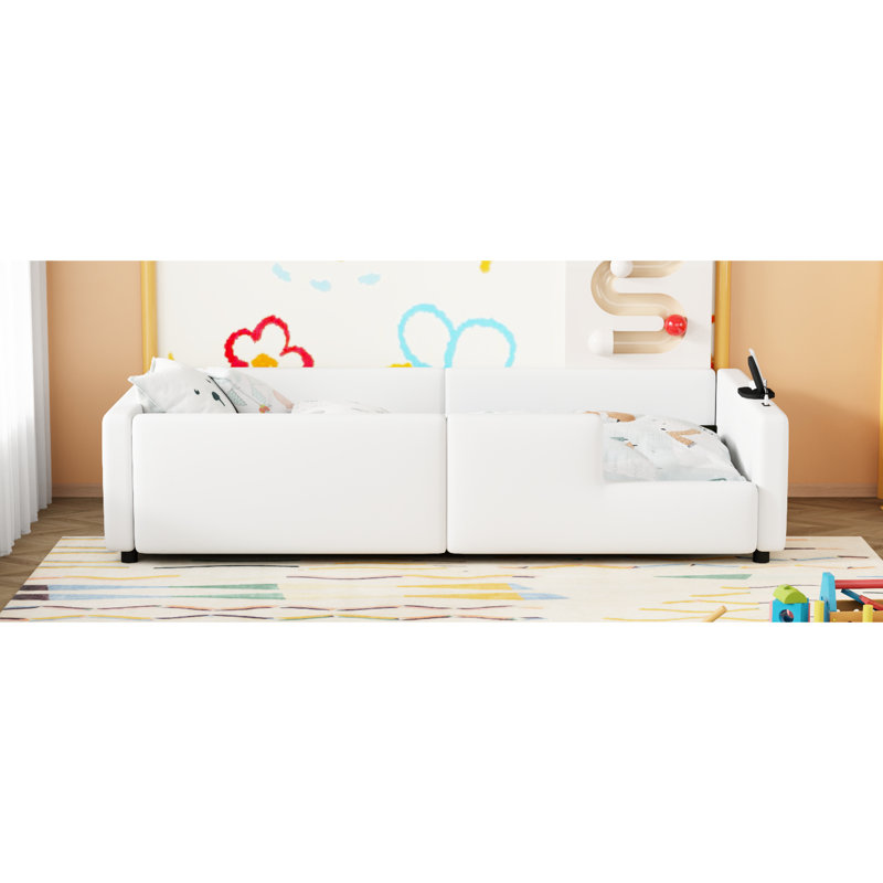 Lit tapissier simple confortable avec garde-corps et station de charge - portable blanc