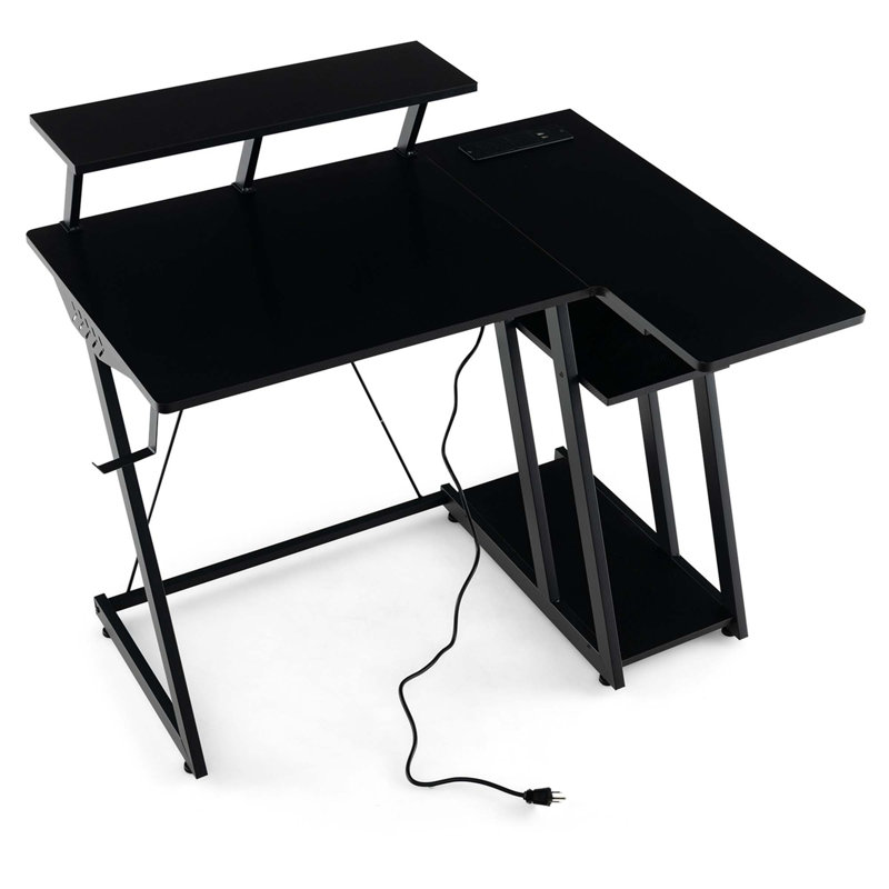 Bureau de jeu en forme de L avec prises et ports USB Winston Porter, Noir