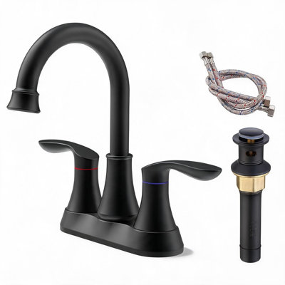 Robinet de salle de bain central en métal noir mat 6 pouces avec bec pivotant à arc haut 360 degrés et bonde escamotable