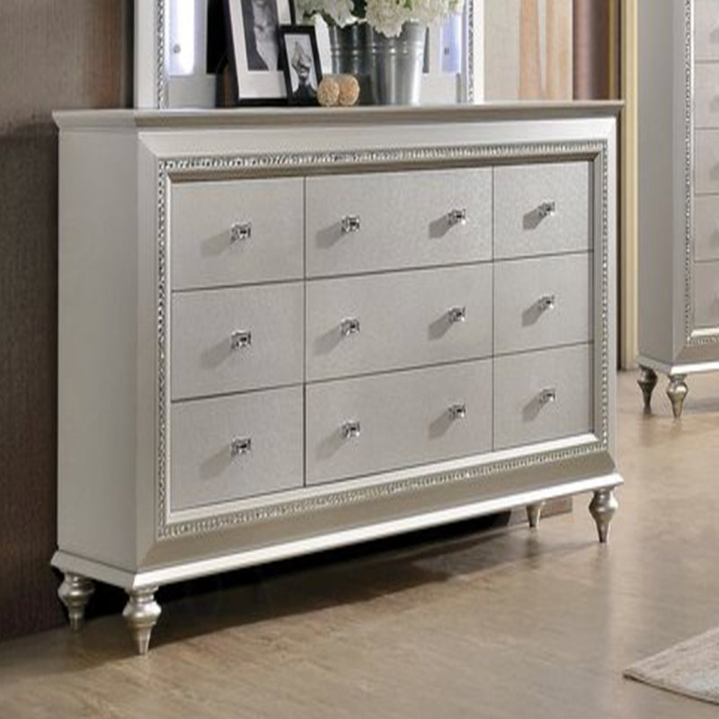 Commode Castiel avec tiroirs et garniture en cristal, Gris argenté