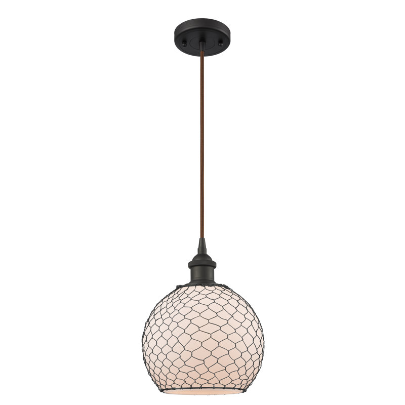 Luminaire sphère suspendu 1 lumières simple Egger, H 13 po x l 10 po x P 10 po, Blanc / Nickel, Bronze huilé