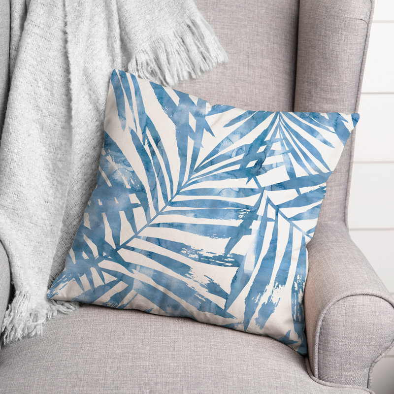 Navy Palm Leaf Pattern Throw Pillow