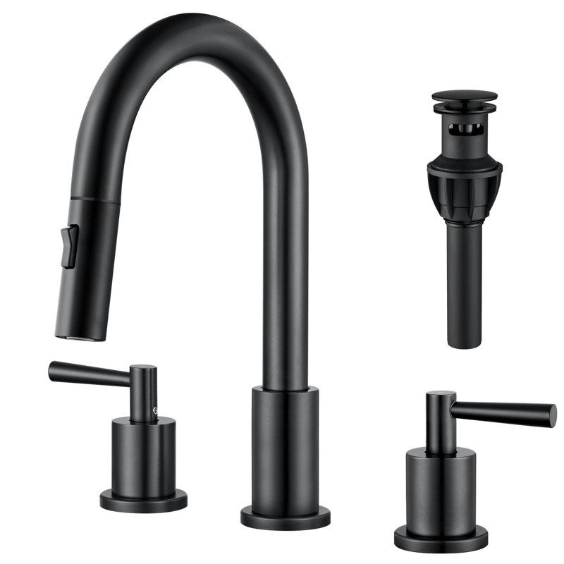 8 po Robinet de lavabo de salle de bain escamotable à deux poignées avec bec double mode et drain escamotable, Noir mat