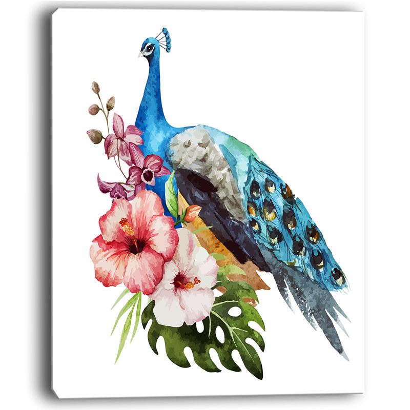 «Hibiscus Flowers and Blue Peacock», peinture, H 20 po x l 12 po x P 1po, Toile tendue
