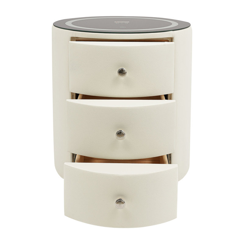 Table de chevet ronde à 3 niveaux avec DEL, charge sans fil et fonction USB, Blanc