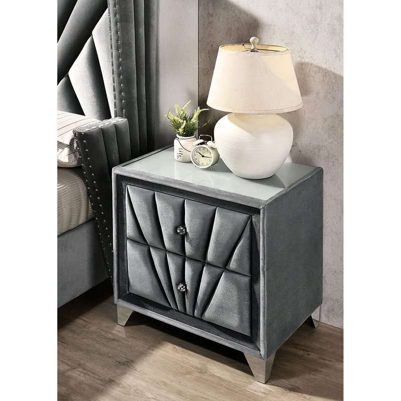 Table de chevet revêtue de tissu 2, de couleur grise, d'inspiration artistique, avec plateau en acrylique et pieds en verre pour la chambre à coucher