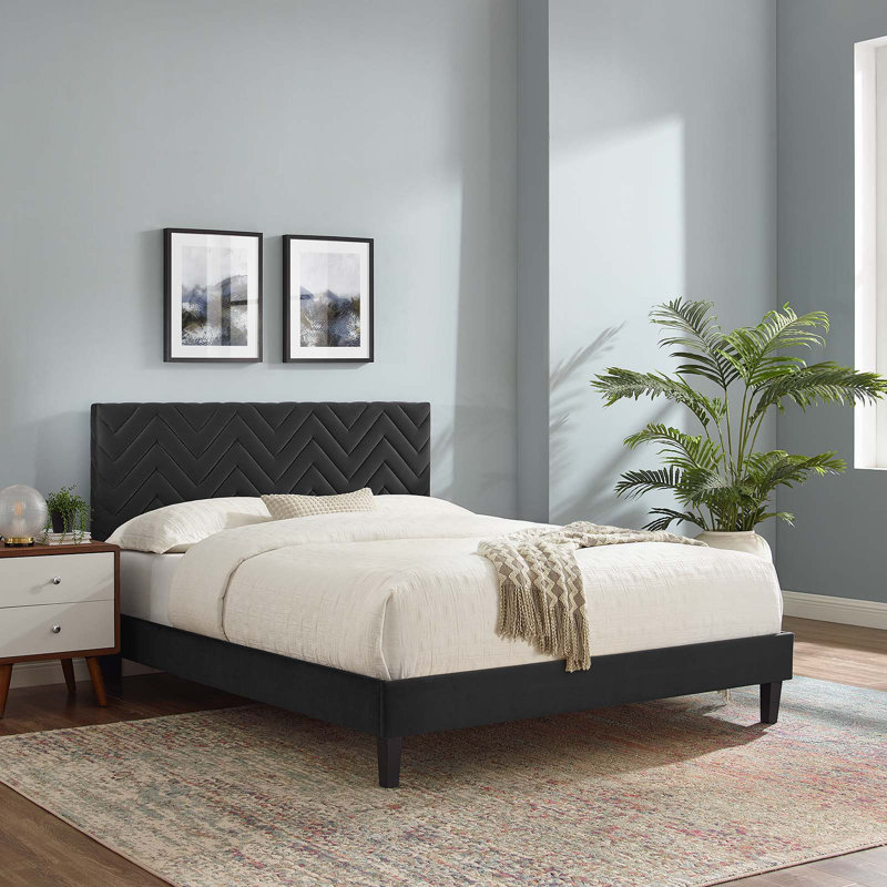 Modway Leah Chevron Tufted Performance Velvet Platform Bed, Queen, Dark Gray