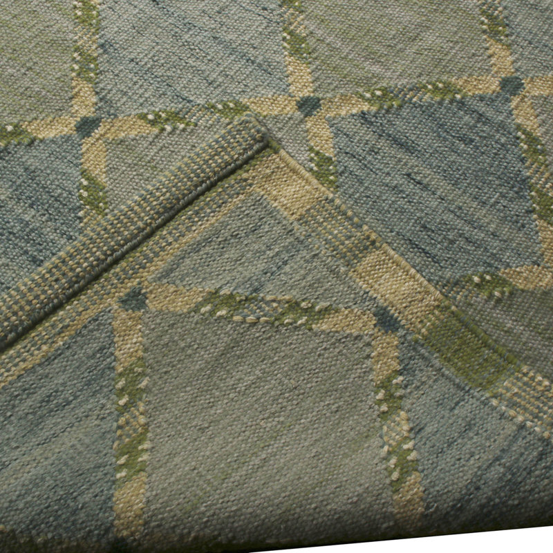 Rug & Kilim’S Scandinavian Inspired Green And Blue Geometric Wool Rug, Rectangle 6' x 9'