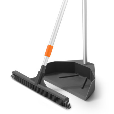 Superio Silicone Broom - Carpet Rake with 35" Long Handle Dustpan Set - Rubber Broom for Pet Hair on Carpet & Hardwood Floors, Stand-Up Dustpan with Aluminum Handle - Grey