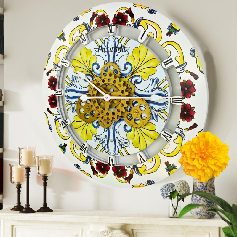 Positano 24'' Multicolor Wood and Metal Wall Clock with Moving Gears