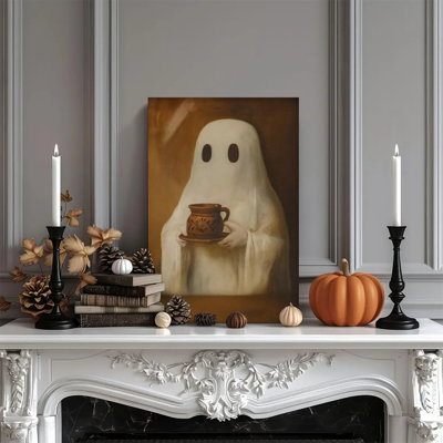 1 pièce, impression sur toile encadrée, fantôme buvant du café, art mural, affiche d'Halloween rétro, impression sur toile, peinture pour salon, chambre, bureau, salle de bain, dortoir, prêt à accrocher