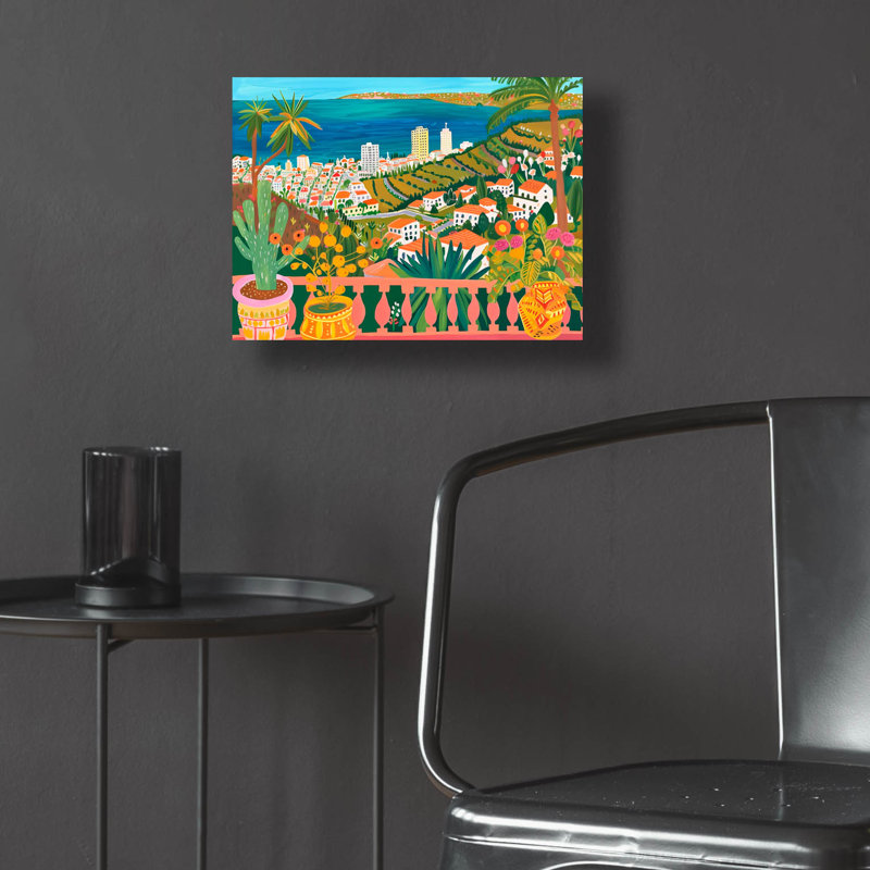 «Verdant Terrace Embrace Coastal Metropolis» par Doron David, art mural en verre acrylique, 16 po x 12 po