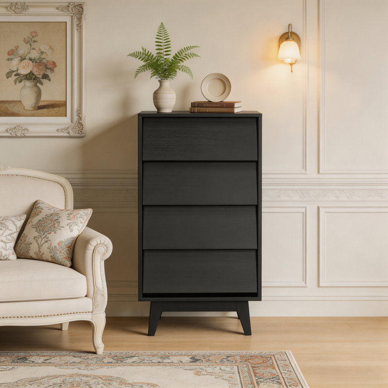 Commode double à 4 tiroirs Millwood Pines, style vintage, design biseauté, pieds en bois massif, idéale pour la chambre à coucher.
