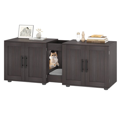 55”Black Double Cat Cage Litter Box Furniture for 2 Cats Wooden Hidden Litter Box Cabinet