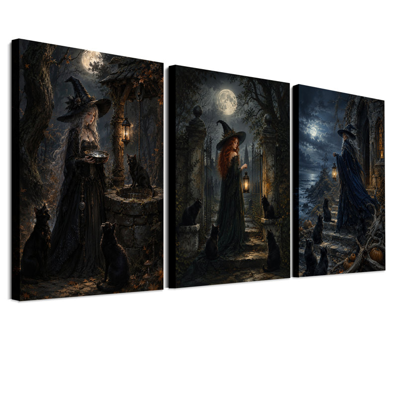 Triptyque de sorcières avec lanternes et d'Halloween, ensemble de 3 toiles, H 36 po x l 24 po x 3 pièces