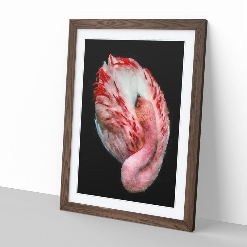 Curled Flamingo - Picture Frame Painting, 36cm H x 27cm W x 2cm D, Walnut Framed