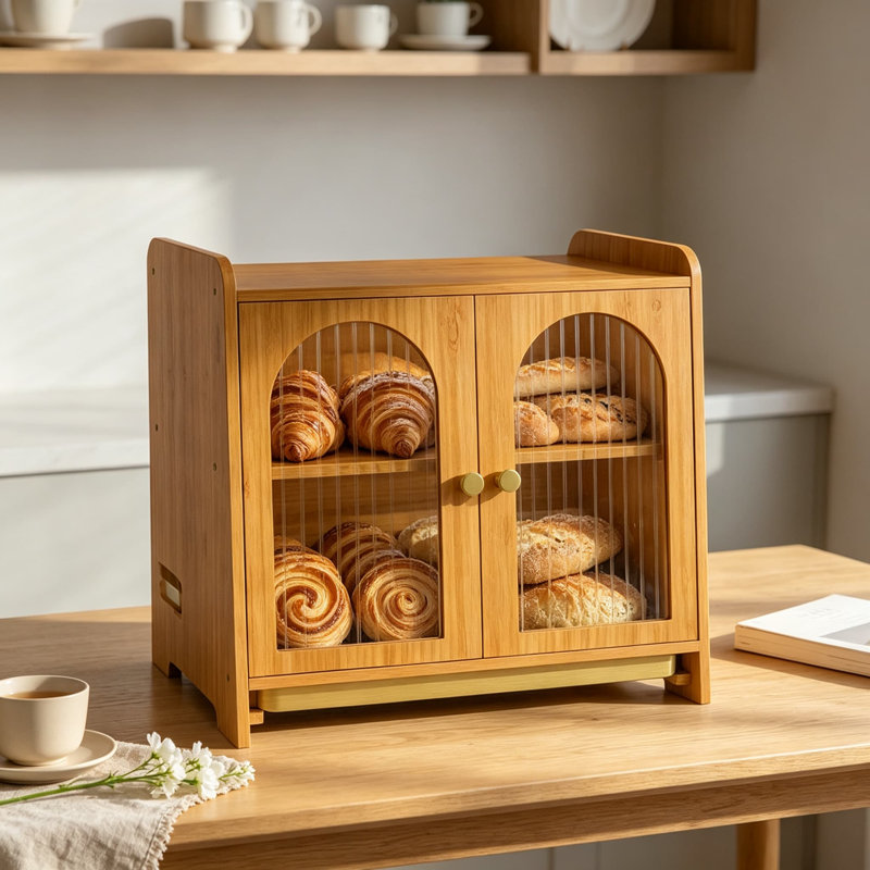 Boîte à pain en bois à double compartiment pour comptoir, avec fenêtre en acrylique, ventilations réglables, planche à découper intégrée et grande capacité de rangement pour pain, viennoiseries et en-cas.