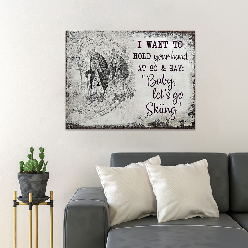 «Old Couple Skiing Together - Baby, Let's Go Skiing», reproduction d'art graphique sur toile tendue 1 pièce