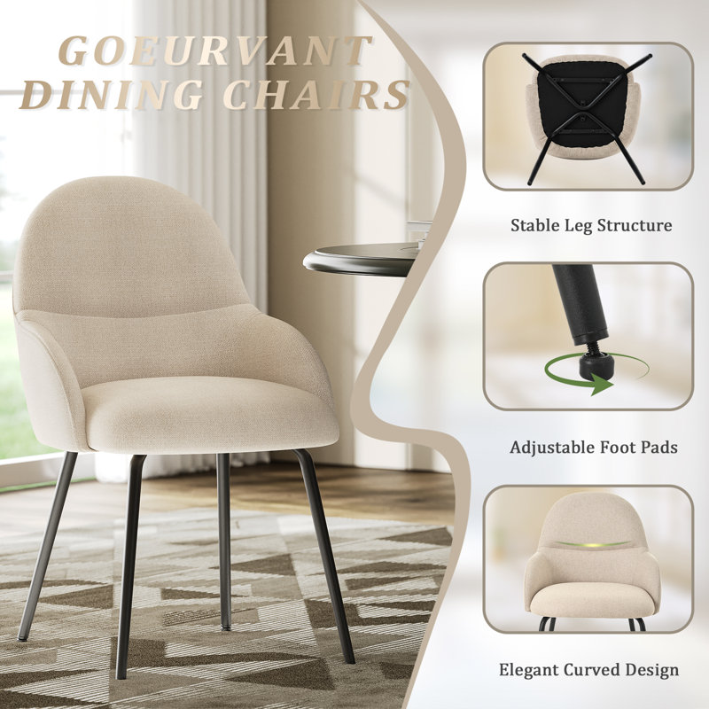 Antin Upholstered Dining Chair With Ergonomic Back And Metal Legs, Beige Linen