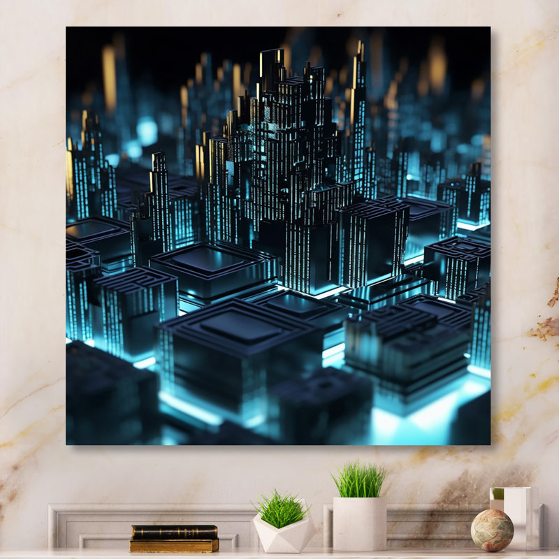 «Cityscape Futur Architecture Turquoise I» sur toile, H 36 po x l 36 po, Toile tendue