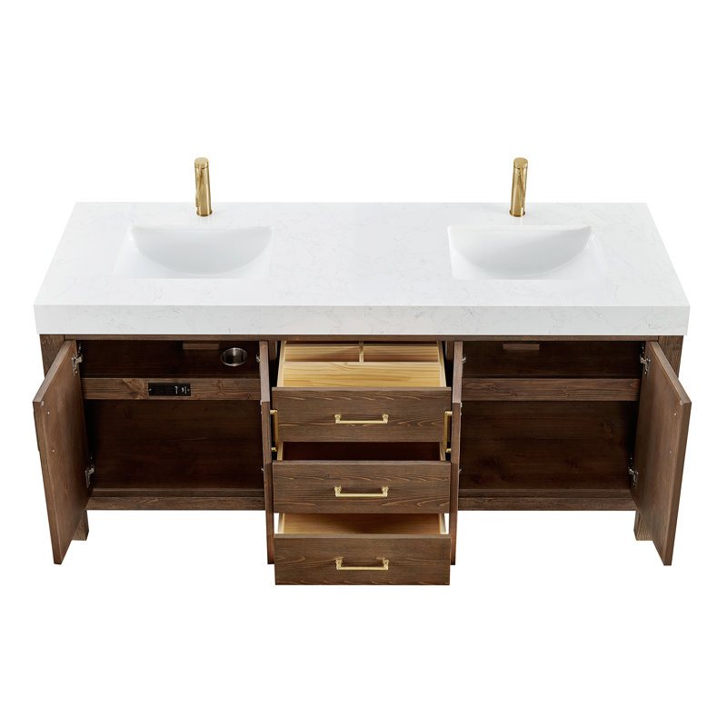 Meuble-lavabo double Frederica de 183 cm (72 po) en épicéa brun vieilli avec comptoir en pierre composite et miroir, Blanc