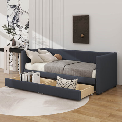 Élégant lit simple en velours côtelé Stanmore avec tiroirs de rangement intégrés et structure en bois massif