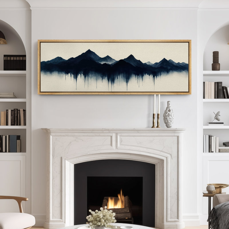 «Dark Blue Dripping Mountain Landscape Art Extra Large», reproduction d'art sur toile encadrée, H 20 po x l 60 po, Naturel