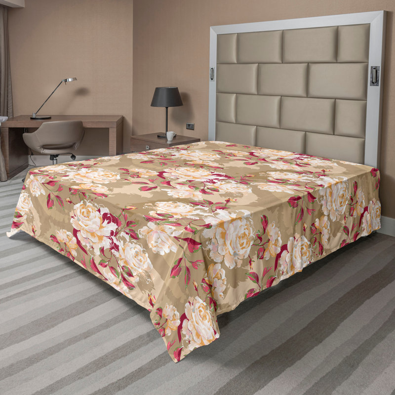 Ambesonne Dreamy, drap plat à motif de roses rétro, camel framboise cacao