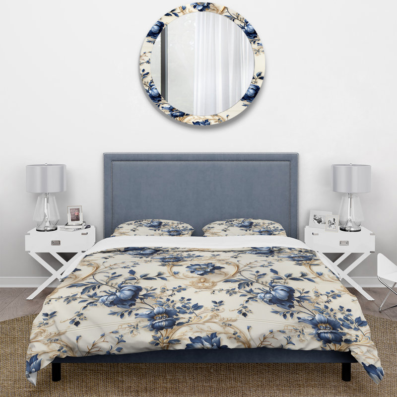 Blue Ornamental Frames Victorian Pattern Duvet Cover, Twin Duvet Cover + 1 Standard Sham