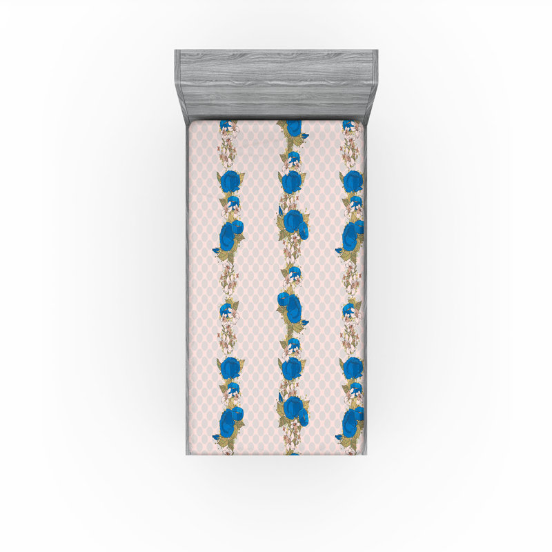 Ambesonne Floral Design Fitted Sheet Rose Peony Art Dots Blush Cobalt Blue