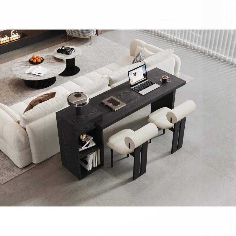 Table d'appoint moderne avec grain de bois noir avec rangement ouvert à 2 niveaux, Noir