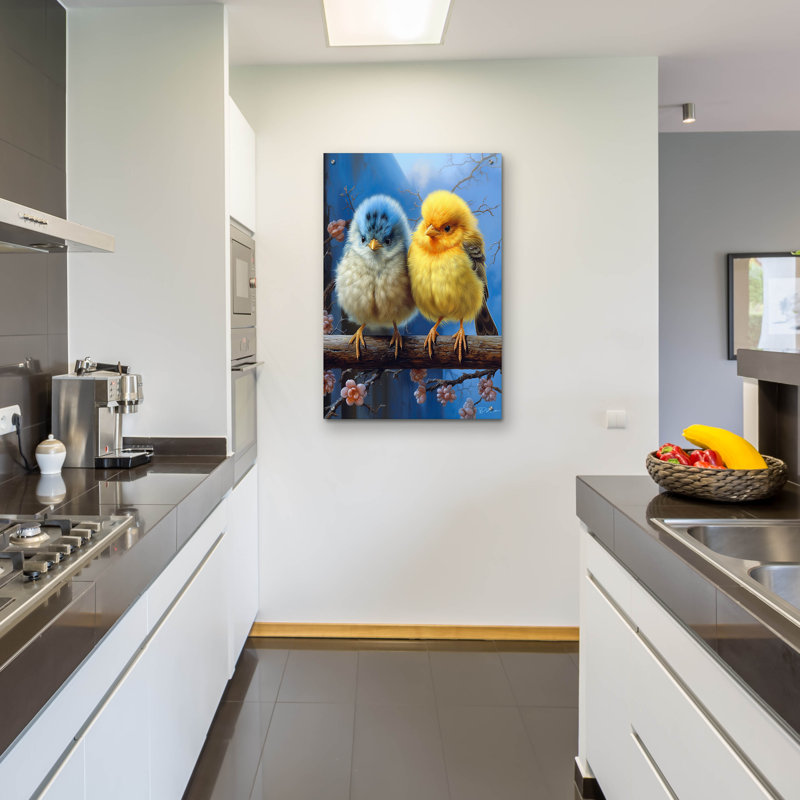 «Small Birds Cocks And Blue» par Momart, art mural en verre acrylique, H 36 po x l 24 po x P 0,2 po