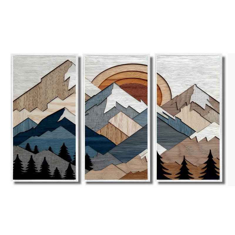 «Blue Orange Bold Mountains Landscape», ensemble d'art mural, H 40 po x l 60 po, Reproduction avec cadre flottant, Blanc