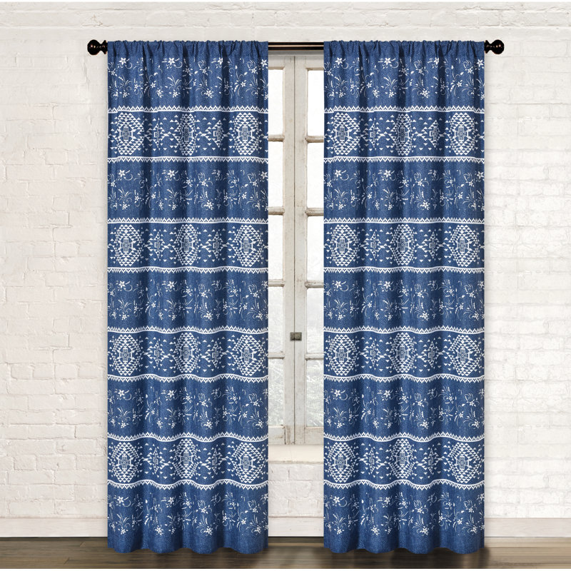 Panneau de rideau à motif floral indigo bleu et blanc 84 po avec passe-tringle et 2 attaches Indigo Blessing