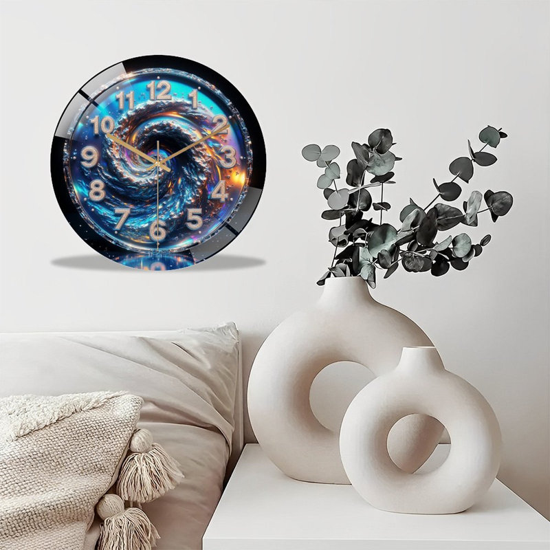 Horloge murale silencieuse en verre trempé de 30 cm, « Horloge Tourbillon Galactique », sans tic-tac, fonctionne avec des piles AA (non incluses), décoration artistique pour la maison