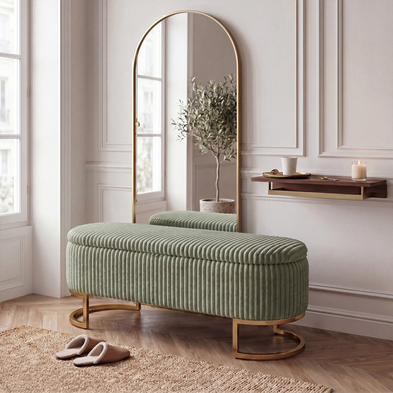 Corduroy Upholstered Bench with Flip Top, Green, Green