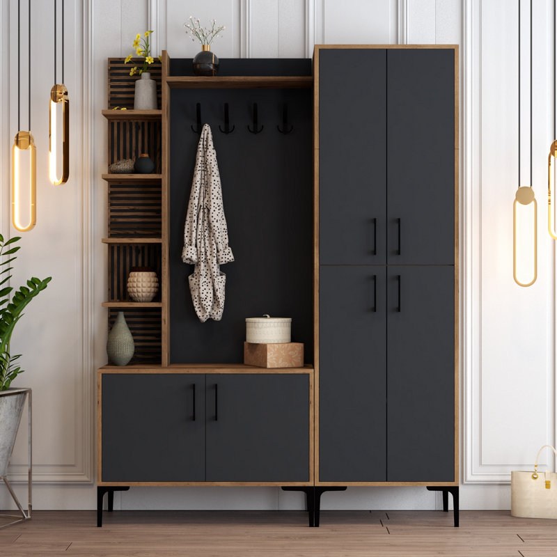 Hall Tree 59.06'' Wide with Shoe Storage, Walnut/Anthracite