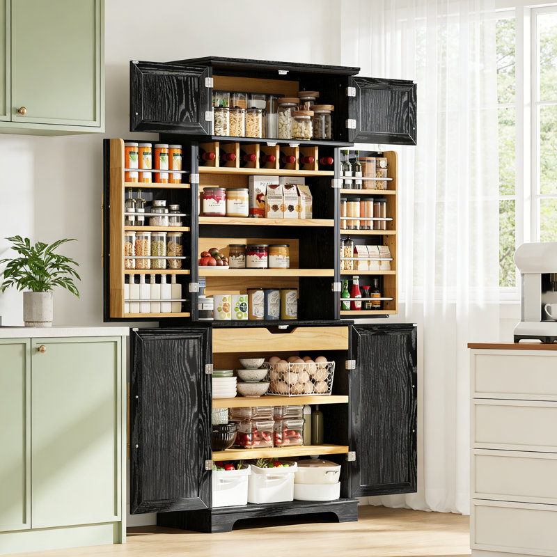 Armoire de cuisine avec tiroir caché et support à vin, Noir mat