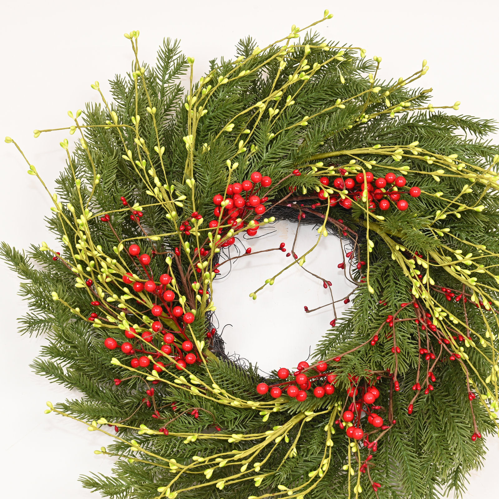 24" Artificial Farmhouse Twig Christmas Greenery Pine Needles Red Berries Winter Front Door Wreath, Green/Red/Yellow