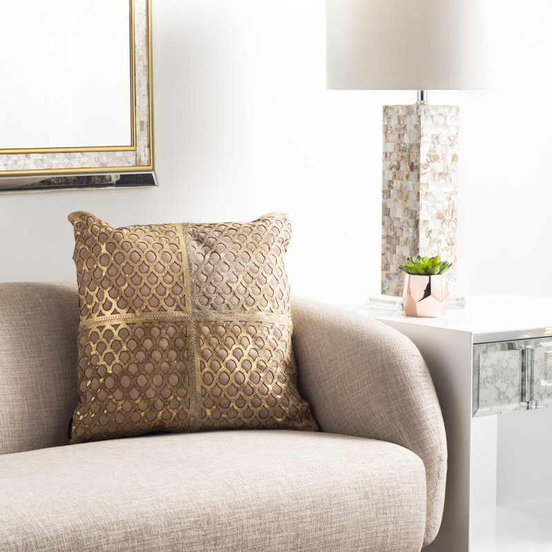 Beige and Gold Cowhide Square Throw Pillow