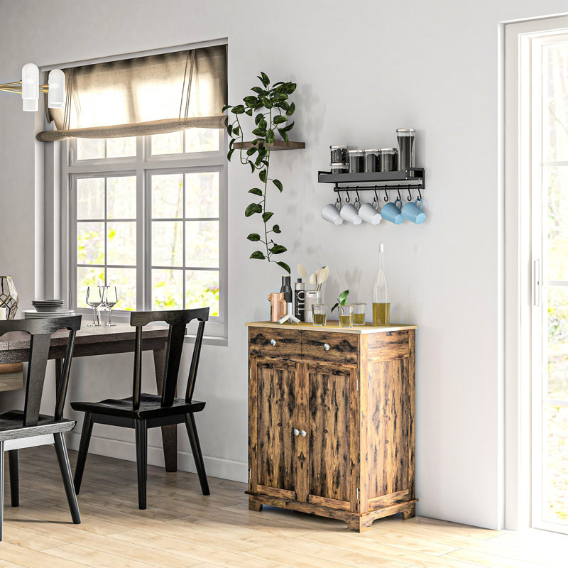 Buffet moderne avec plateau en bois massif - Rangement brun rustique. 2 tiroirs, portes, tablette réglable. Pour l'entrée, la salle à manger. L 26,75 po x P 15,75 po x H 33,5 po avec comptoir et cuisine, salon.
