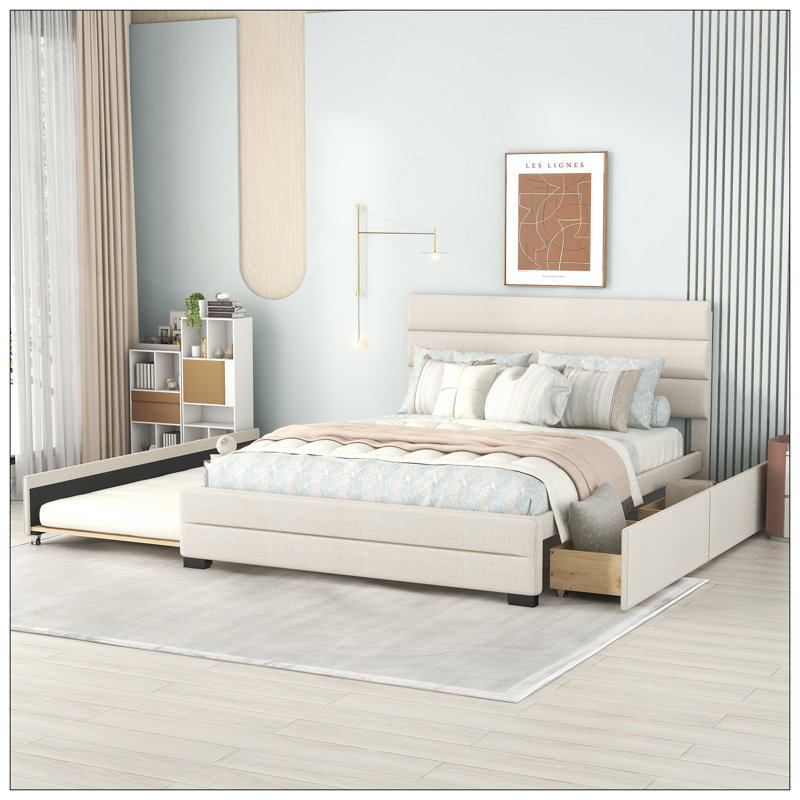 Grand lit plateforme tapissier avec lit gigogne simple et deux tiroirs, beige