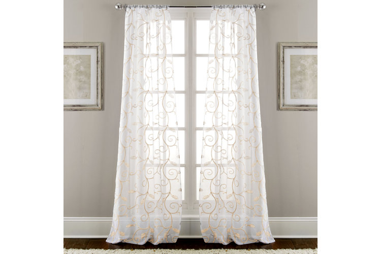 White Floral Transitional Semi-Sheer Light Filtering Window Curtain with  Overlay