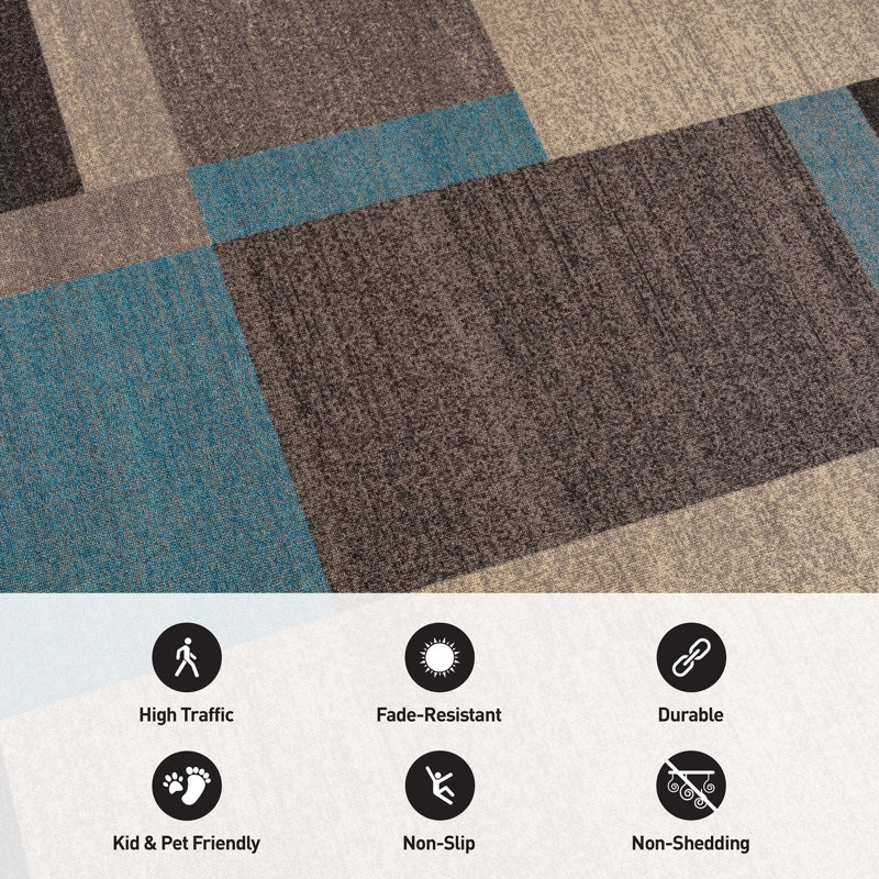 Bolkov Modern Geometric Color Block Ocean Blue Power Loomed Indoor Non-Slip Backing Area Rug, 5'x7'