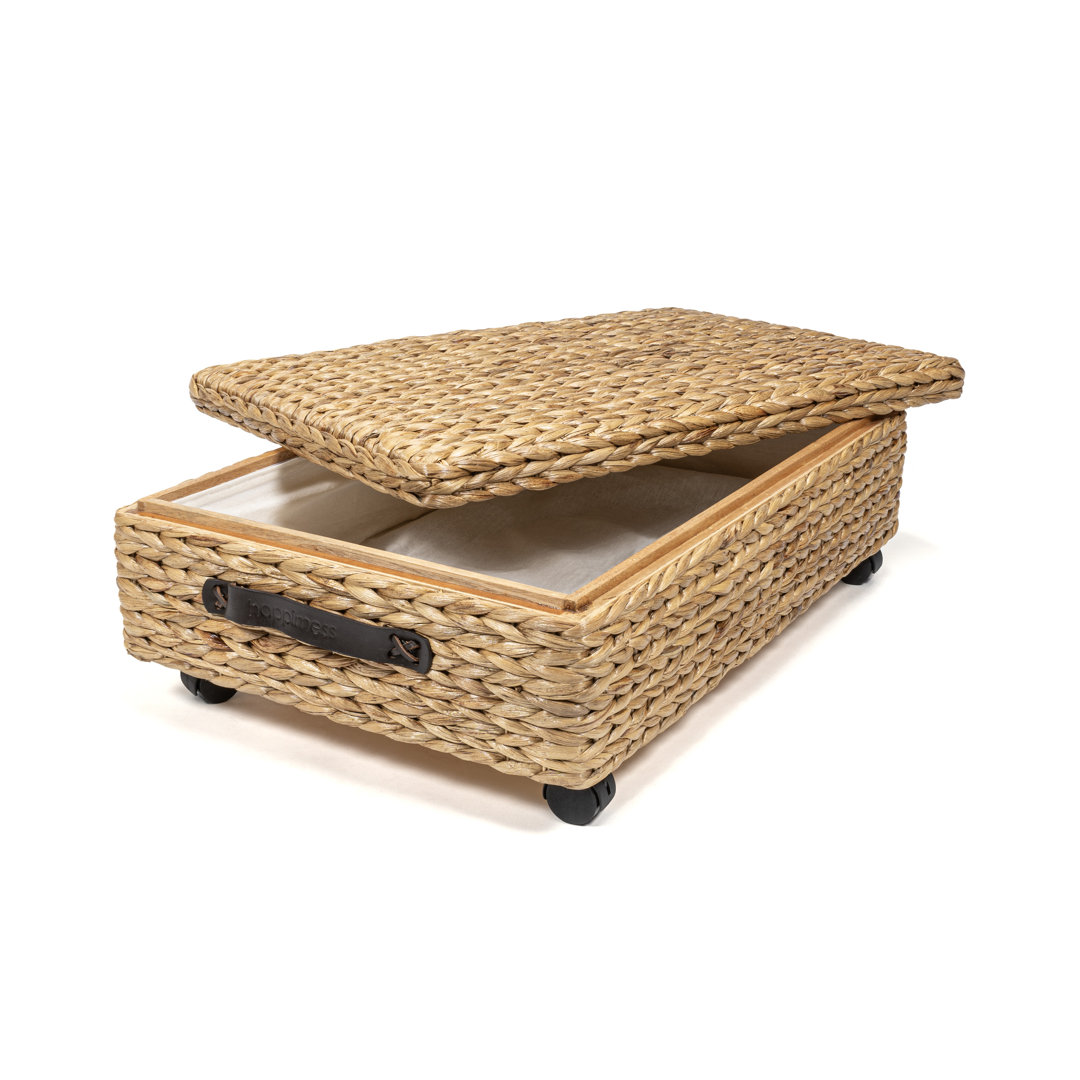 Chett 26.38" Minimalist Hand-Woven Hyacinth/Wood Underbed Storage Bin with Wheels and Handles happimess 
