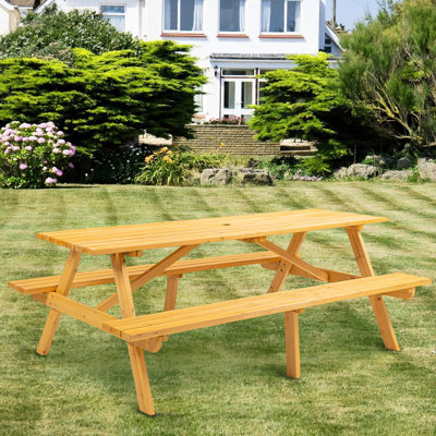 Picnic Table For 8 People In Brown Wood, With 2 Seats And Built-in Benches A Calming Outdoor Camping Garden Experience Wooden 8, Benches, Ideal Use