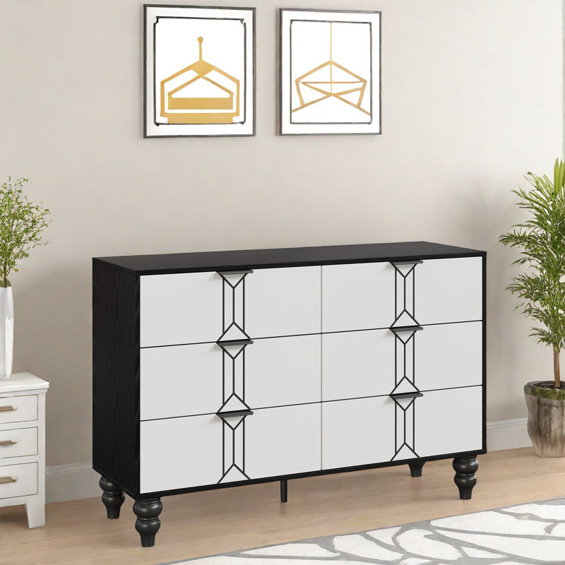 Commode 6 tiroirs pour chambre à coucher, Blanc/Noir