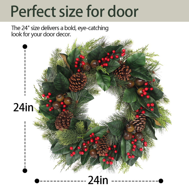 24" Artificial Christmas Wreath with Mixed Greenery & Berries – Elegant Holiday Front Door Decoration